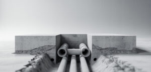 En fotorealistisk bild av en betongkällarvägg med en ren, minimalistisk design och synliga dräneringsrör.