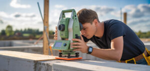 En fotorealistisk bild av en lantmätare som använder en totalstation för att mäta och sätta ut en husgrund.