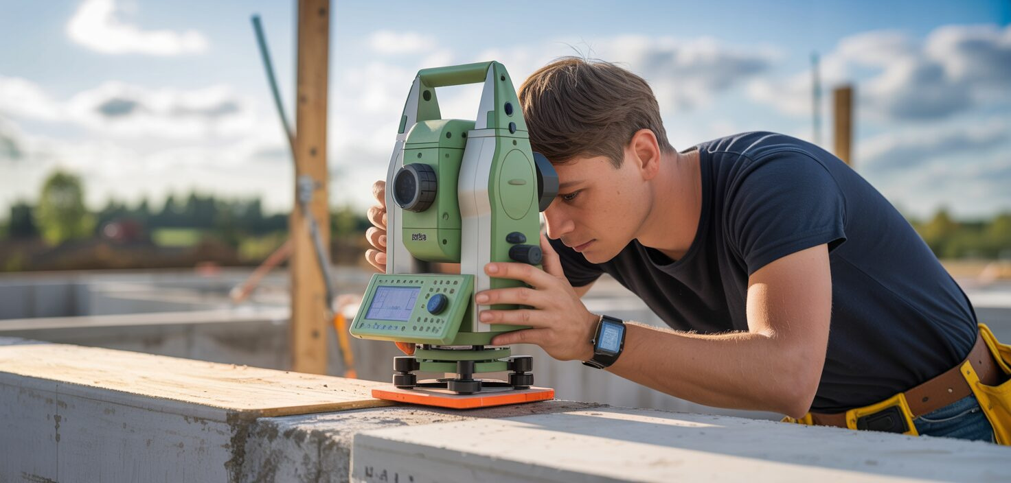 En fotorealistisk bild av en lantmätare som använder en totalstation för att mäta och sätta ut en husgrund.