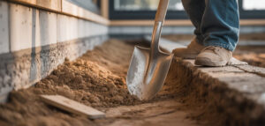 En manuell schaktningsprocess med spade, som visar precision och närhet till en grund