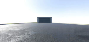 En photorealistisk bild av en nybyggd garageuppfart med asfalt, som leder upp till ett modernt garage i minimalistisk stil. Solen lyser starkt.