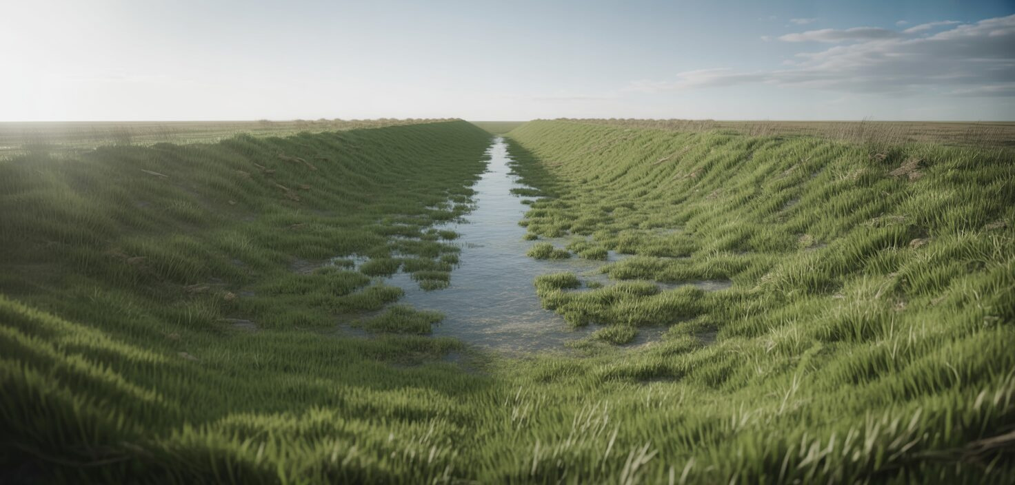 En fotorealistisk bild av ett enkelt, öppet dike som leder bort vatten från en gräsbevuxen yta. Solen skiner starkt.