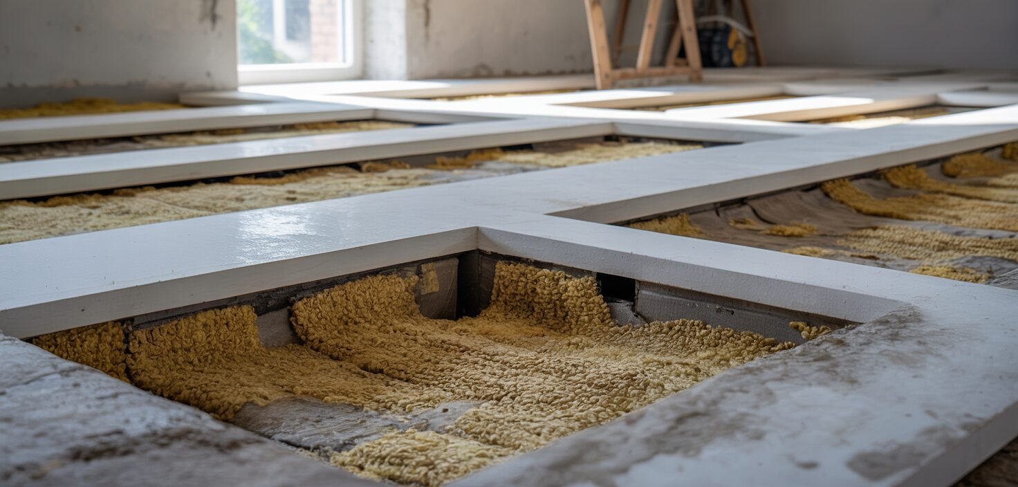 Fotorealistiskt foto av en renoverad krypgrund med synliga ventilationsöppningar och isolering, med fokus på fuktsäkra åtgärder.