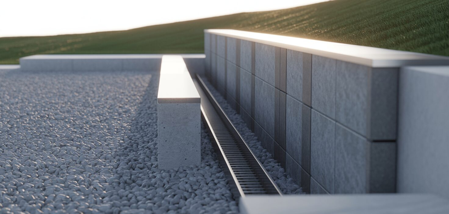 En fotorealistisk bild visar en modern stödmur i grå betong, integrerad i en sluttande tomt, med fokus på dräneringssystemet och växtlighet.