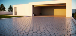 En fotorealistisk bild av en garageuppfart med marksten, elegant design och en modern stil. Fotot är taget i solljus.