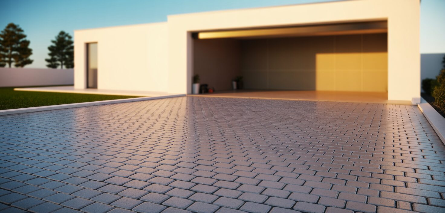 En fotorealistisk bild av en garageuppfart med marksten, elegant design och en modern stil. Fotot är taget i solljus.